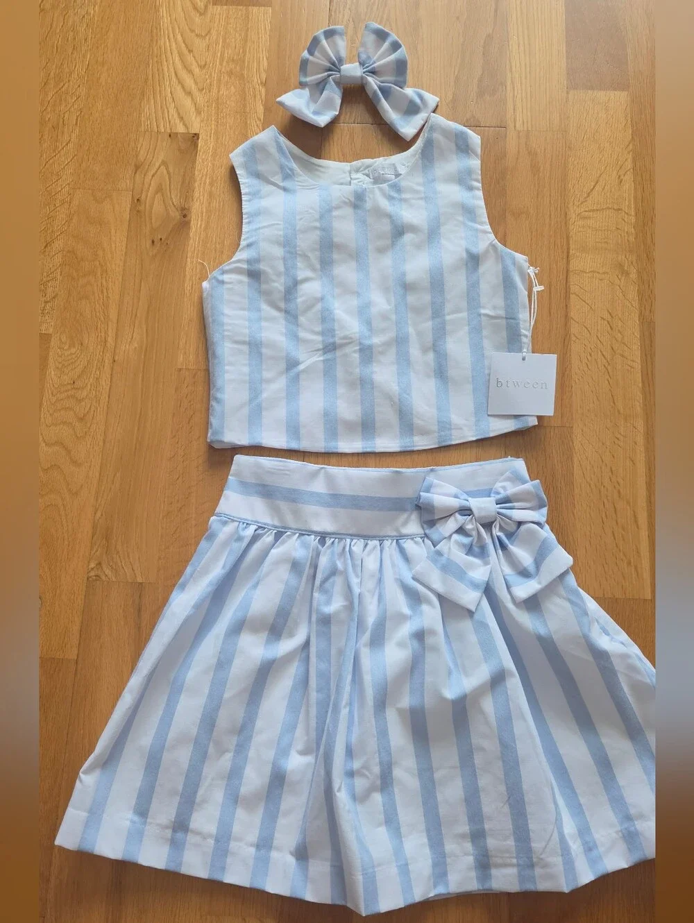 Blue and White Striped Girls' Two-Piece Skirt Set